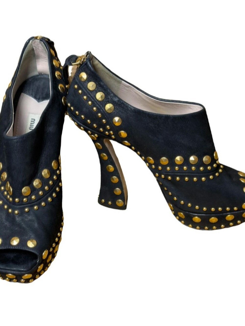 Miu Miu Black Gold suede Platform open toe studded booties 39.5